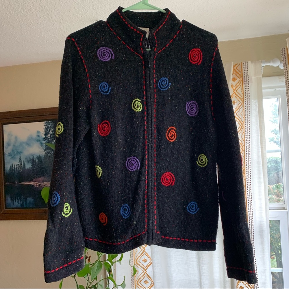 90s vibe swirl hand embroidered zip up sweater